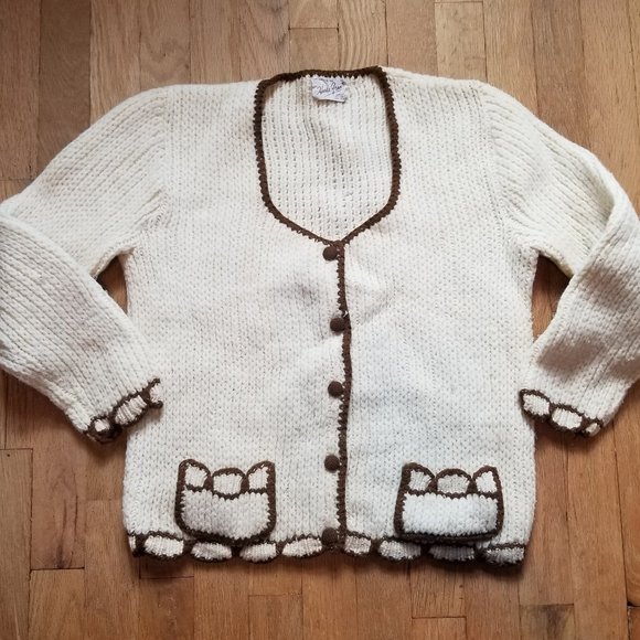 Vintage Sweaters - Vintage 60s 70s Ivory Cardigan Sweater Brown Detail Trim 100% Coquette
